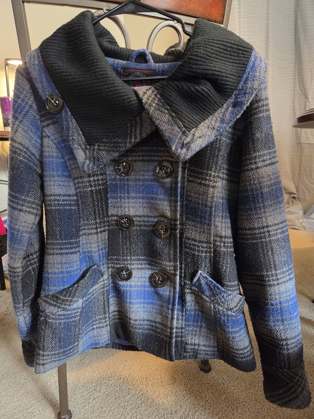 Plaid Double-Breasted Women's Peacoat Jacket